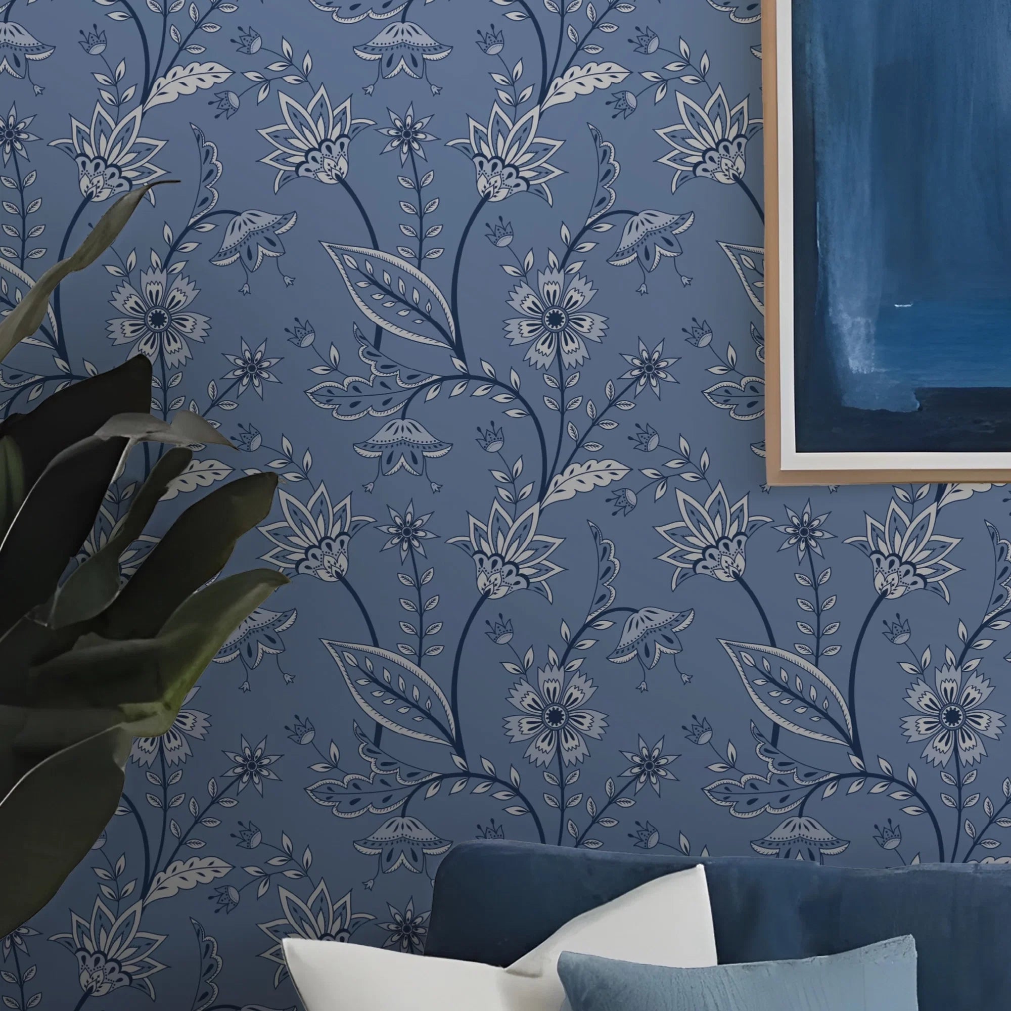 Jacobean Floral Wallpaper in Cornflower Blue