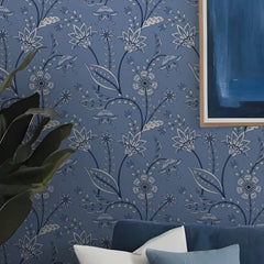 Jacobean Floral Wallpaper in Cornflower Blue