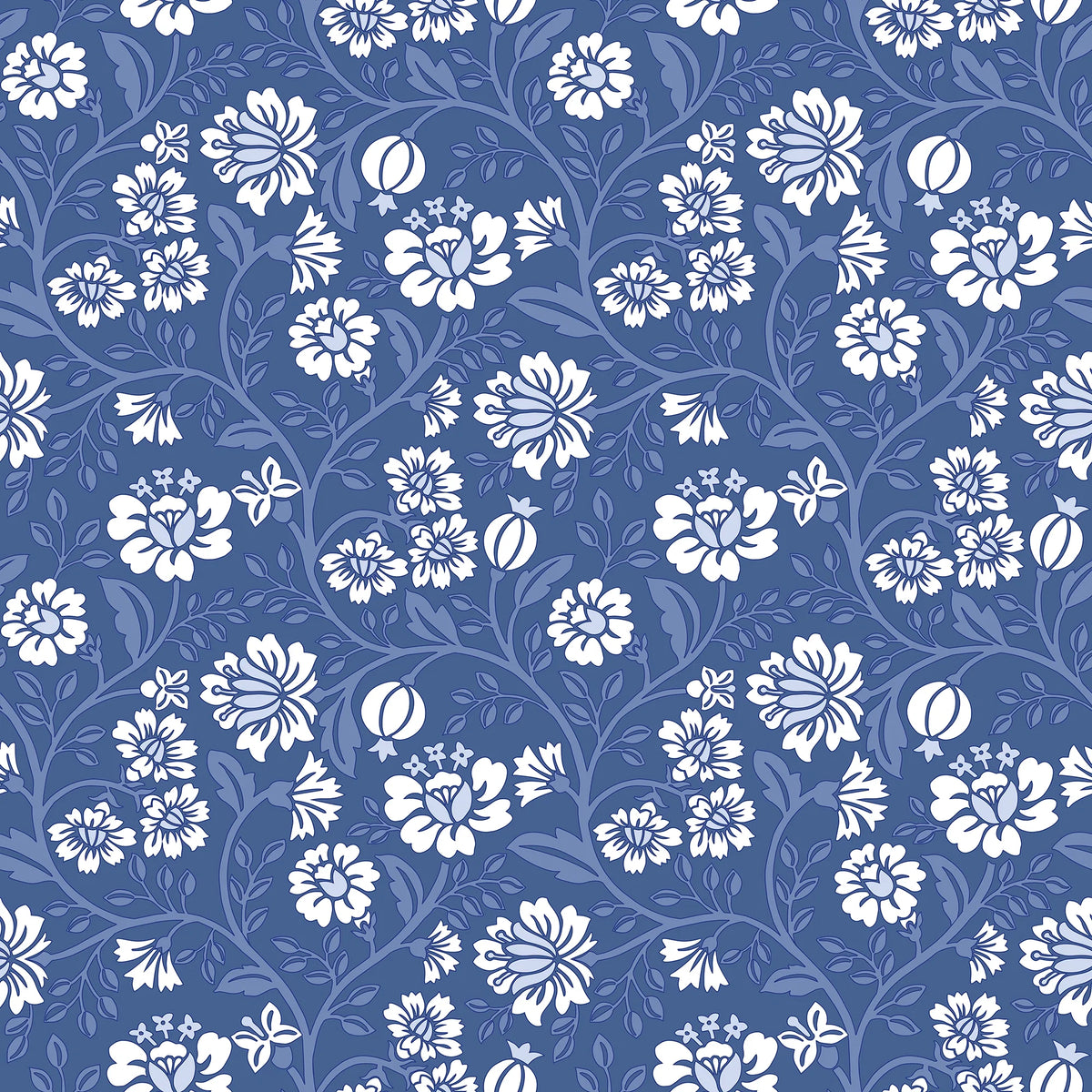 Folksy Floral Wallpaper in Blue