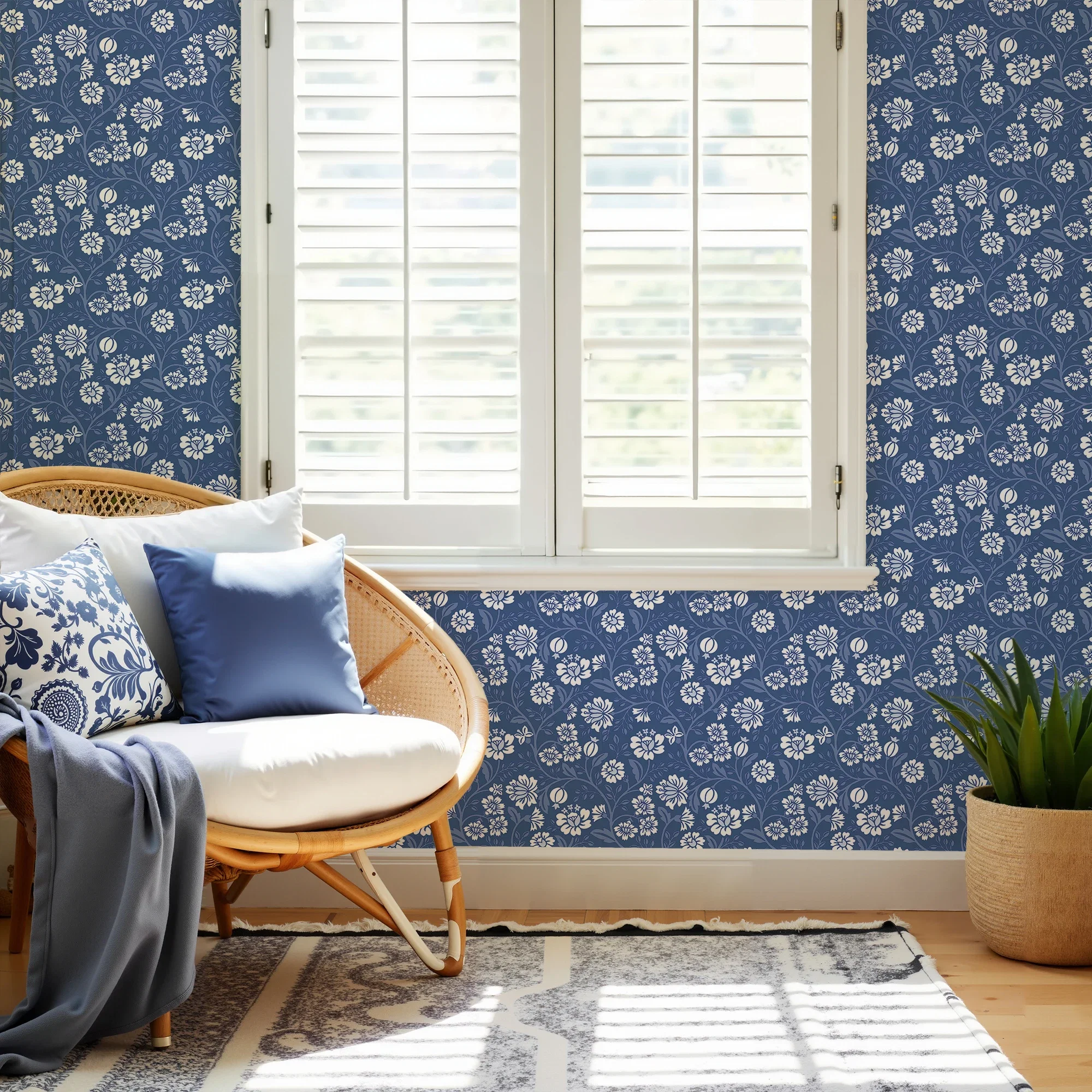 Folksy Floral Wallpaper in Blue