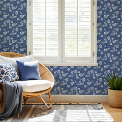 Folksy Floral Wallpaper in Blue