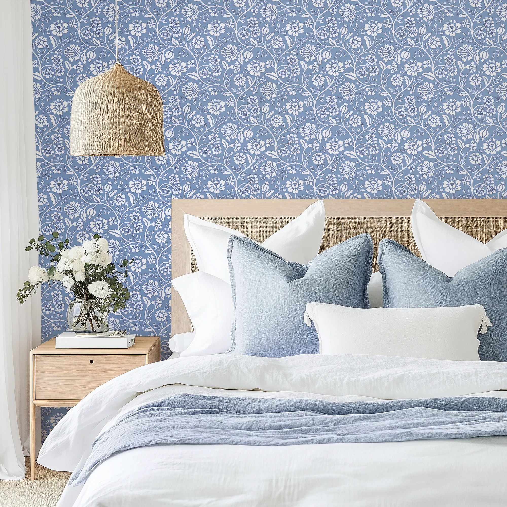Folksy Floral Wallpaper in Cornflower Blue
