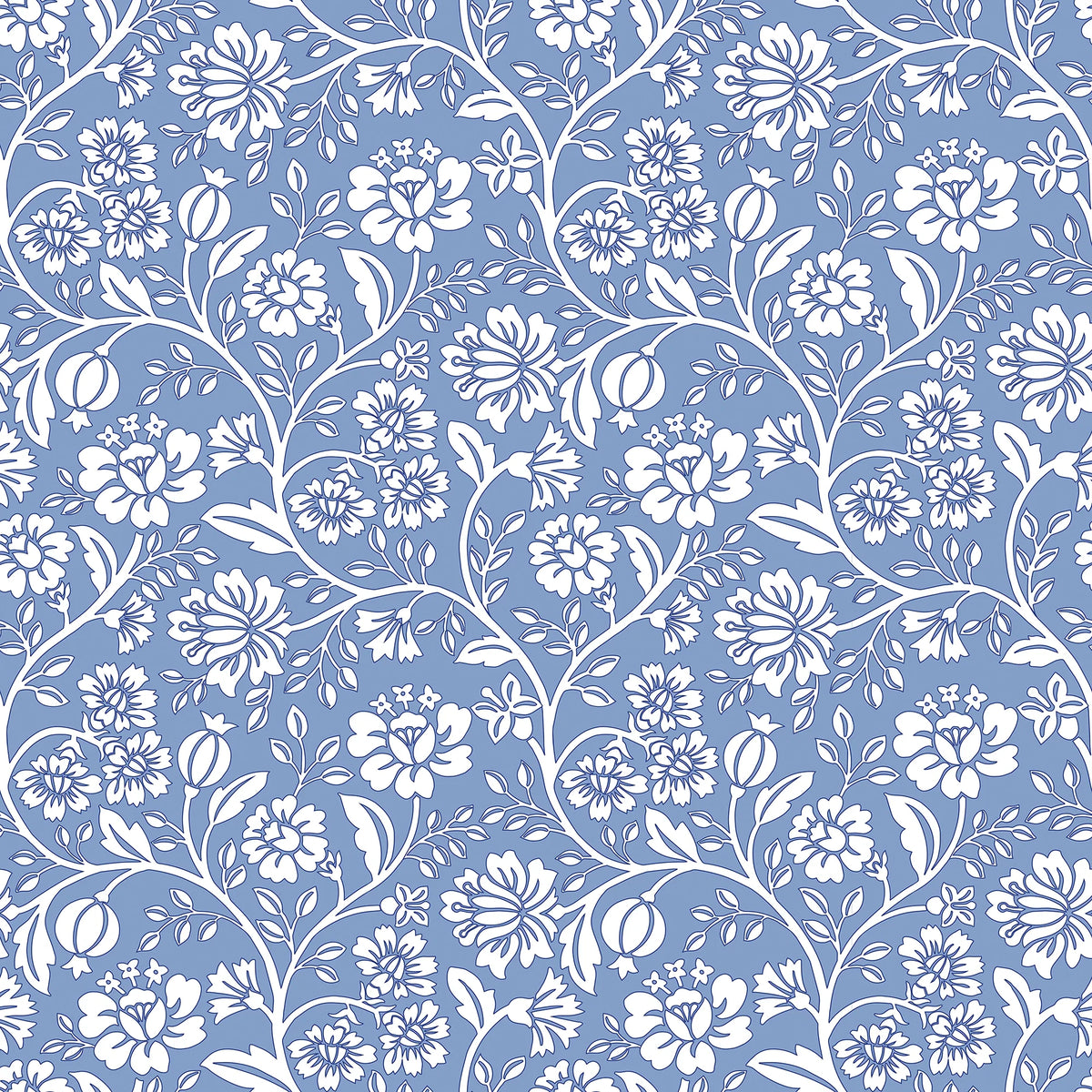 Folksy Floral Wallpaper in Cornflower Blue