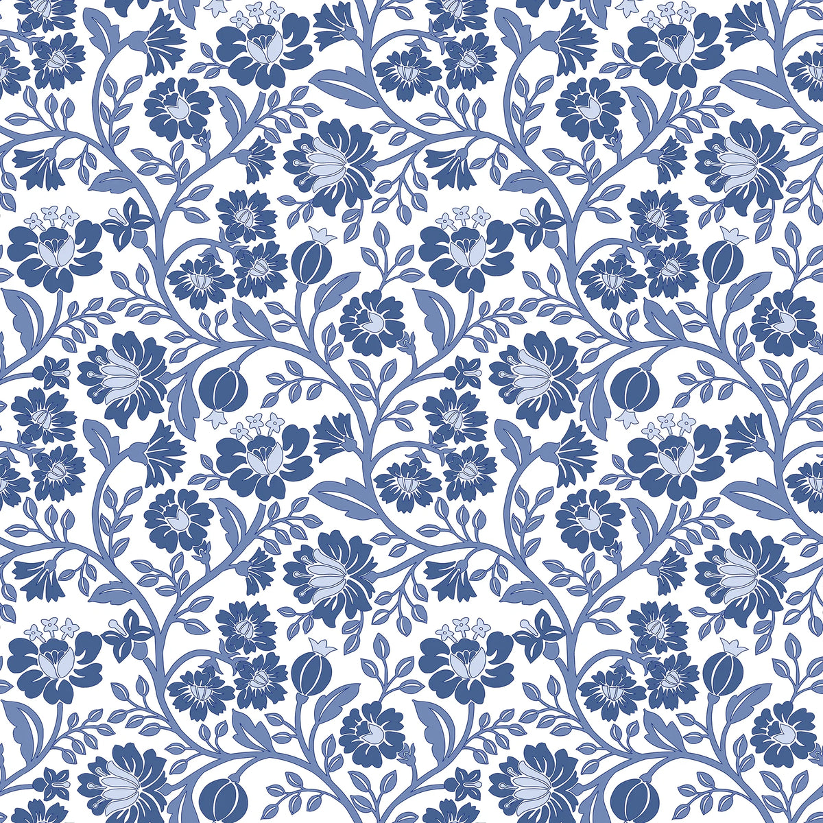Folksy Floral Wallpaper in Blue on White