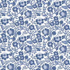 Folksy Floral Wallpaper in Blue on White