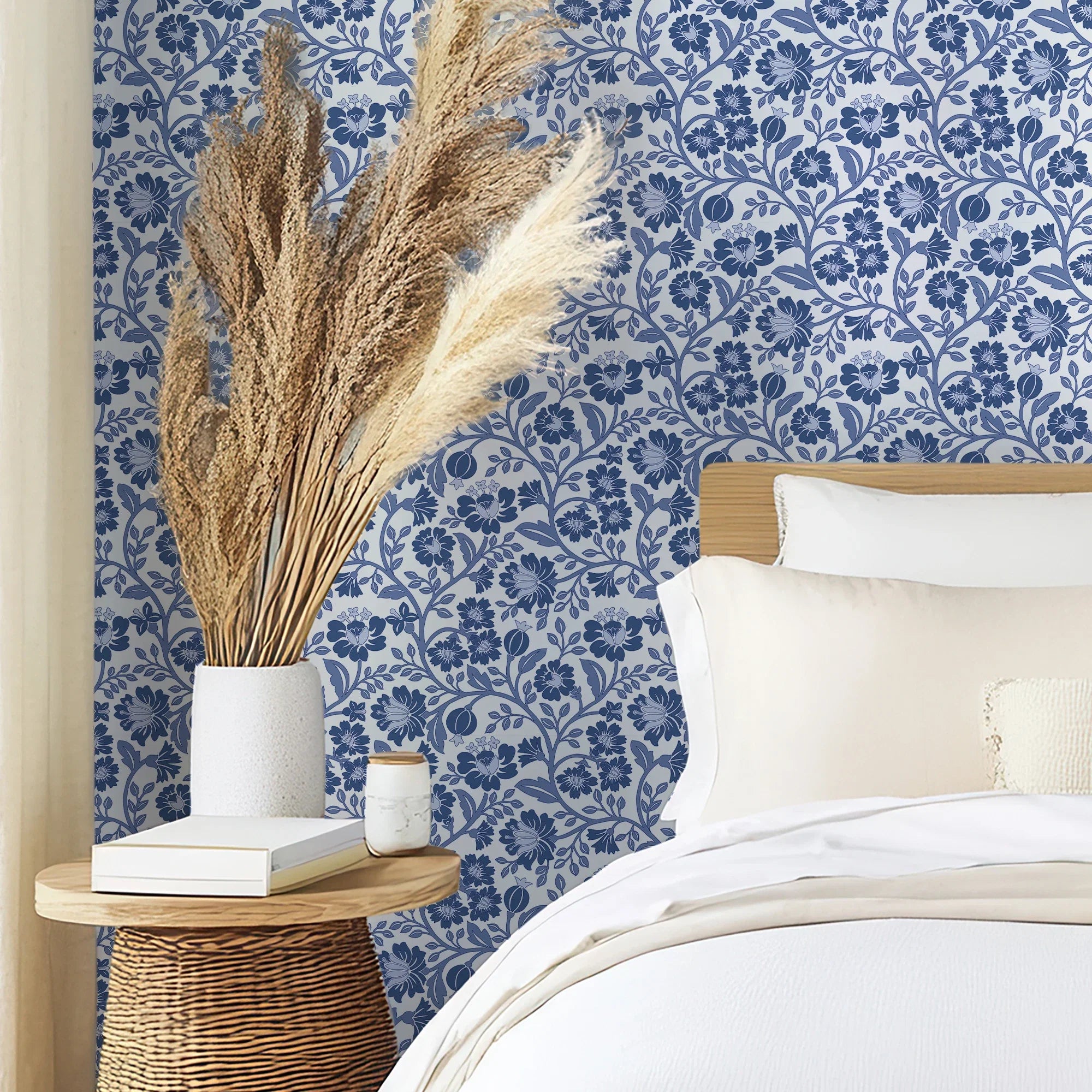 Folksy Floral Wallpaper in Blue on White