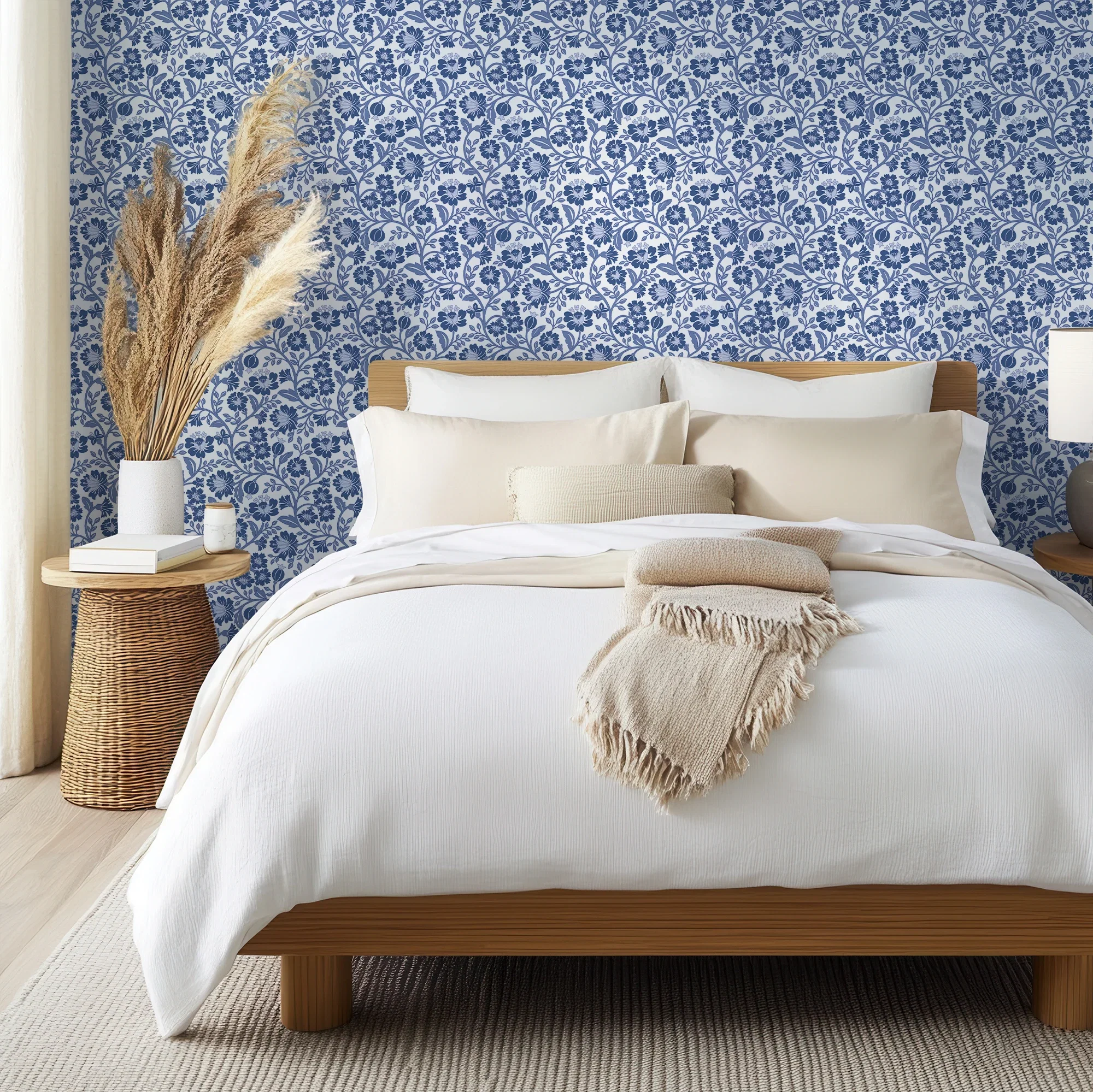 Folksy Floral Wallpaper in Blue on White