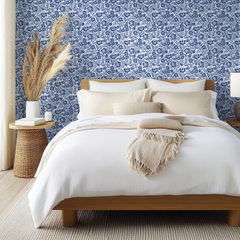 Folksy Floral Wallpaper in Blue on White