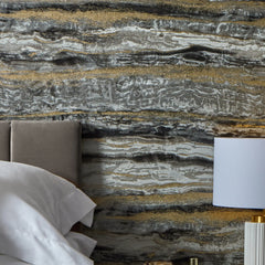 Oslo Wallpaper in Charcoal and Black with Gold Metallic