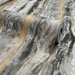 Oslo Wallpaper in Charcoal and Black with Gold Metallic