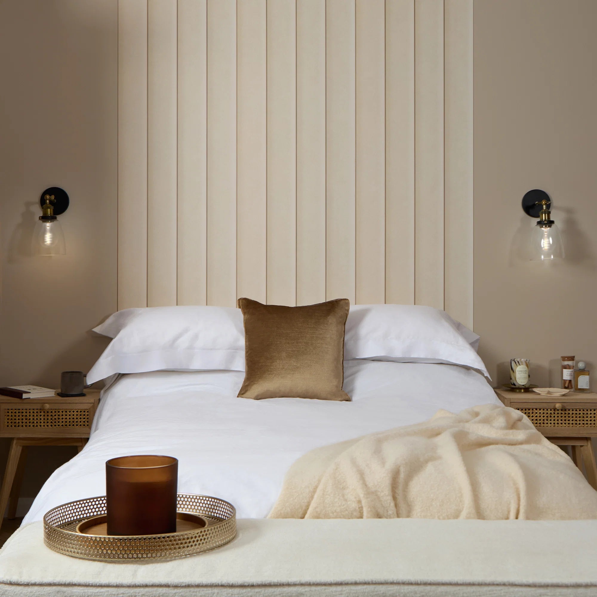 Velvet Padded Headboard Effect Panel Wallpaper in Soft Cream