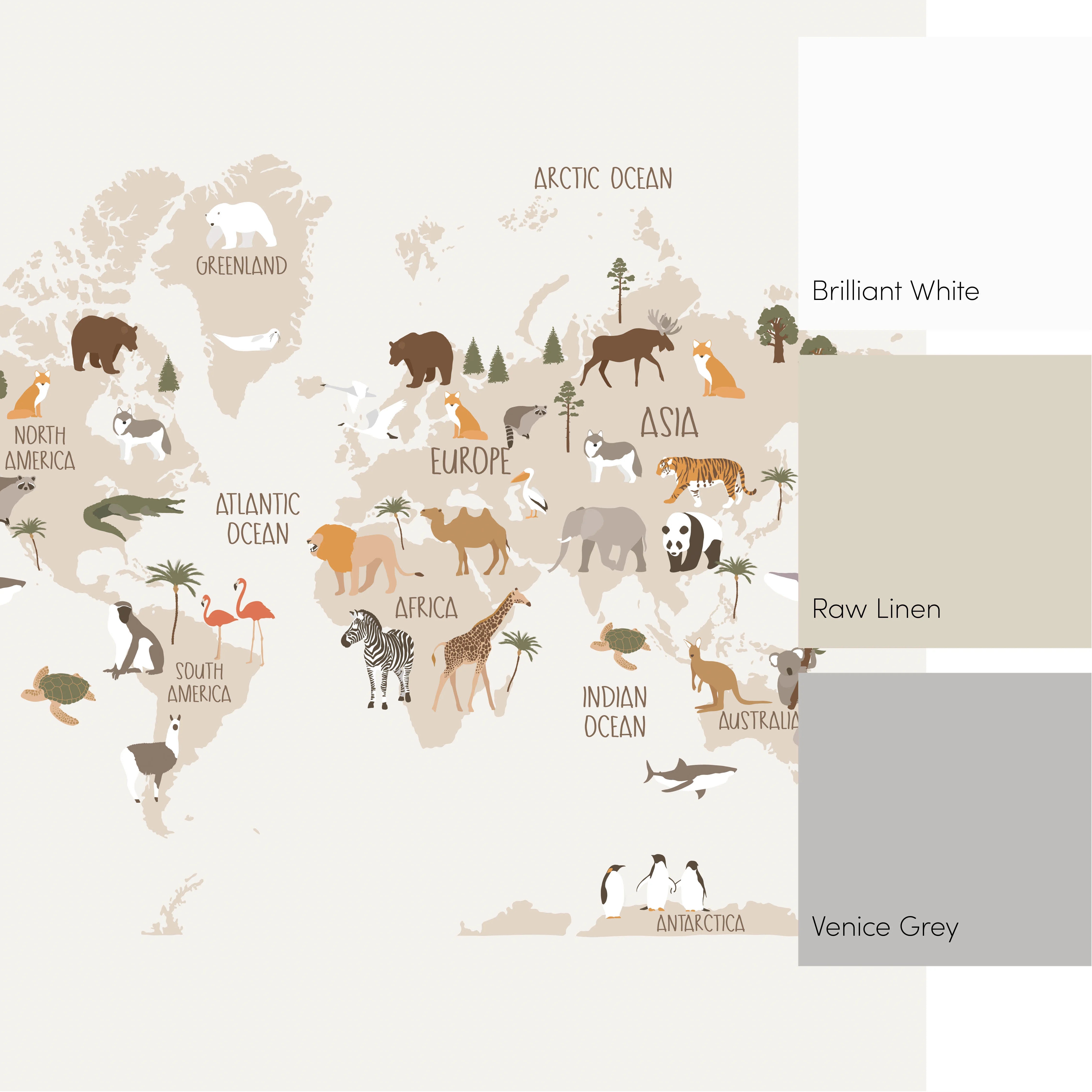 Scandi Safari Map Full Wall Mural in Natural
