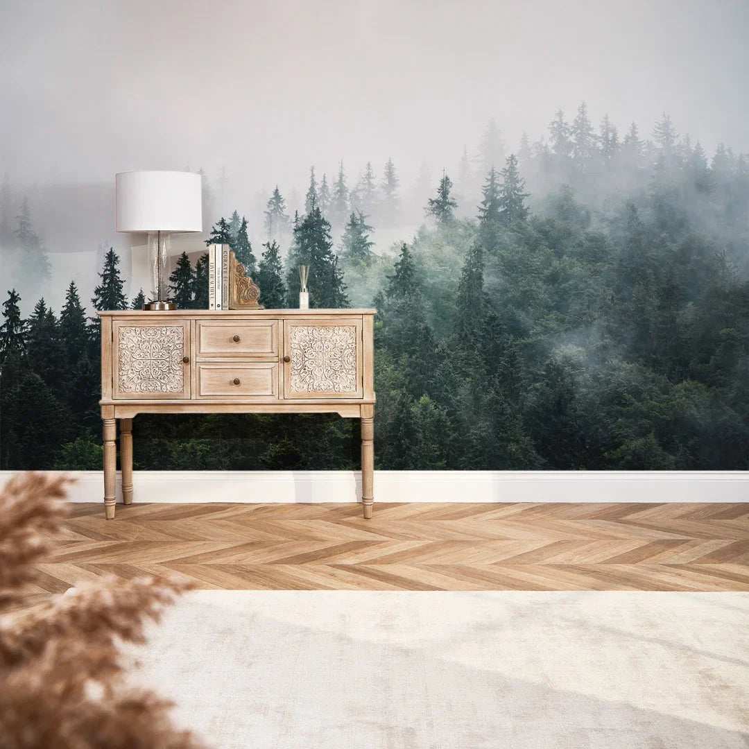 Misty Trees Fall Wall Mural in Green and Grey