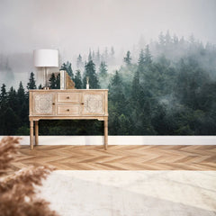 Misty Trees Fall Wall Mural in Green and Grey