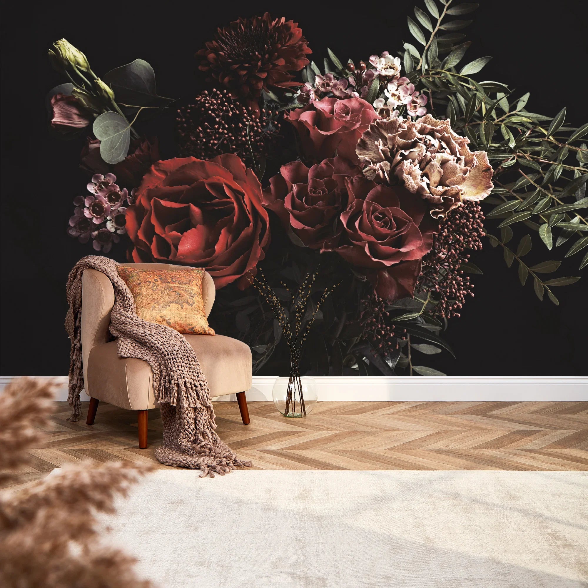 Dark Floral Bouquet Full Wall Mural in Pink and Red