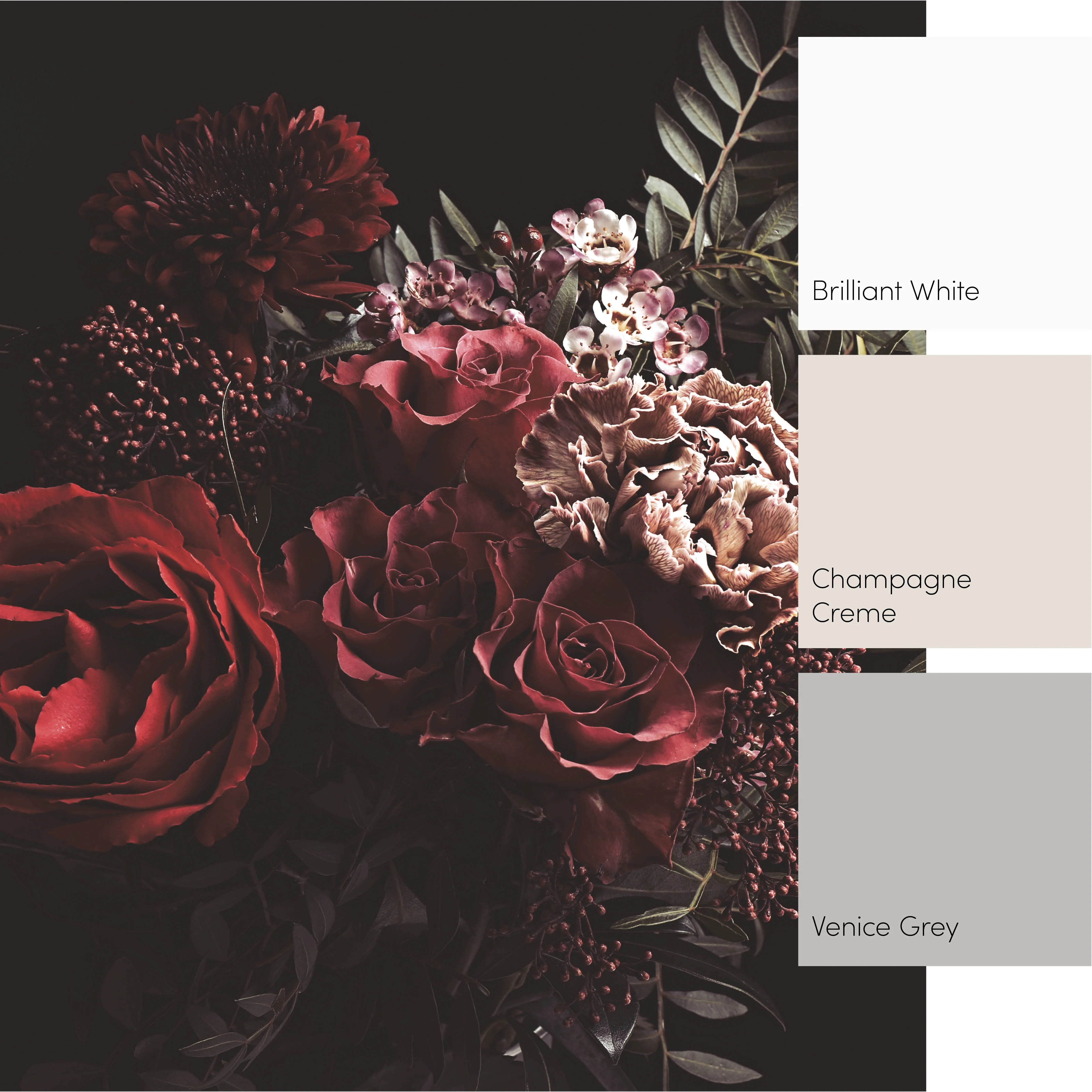 Dark Floral Bouquet Full Wall Mural in Pink and Red