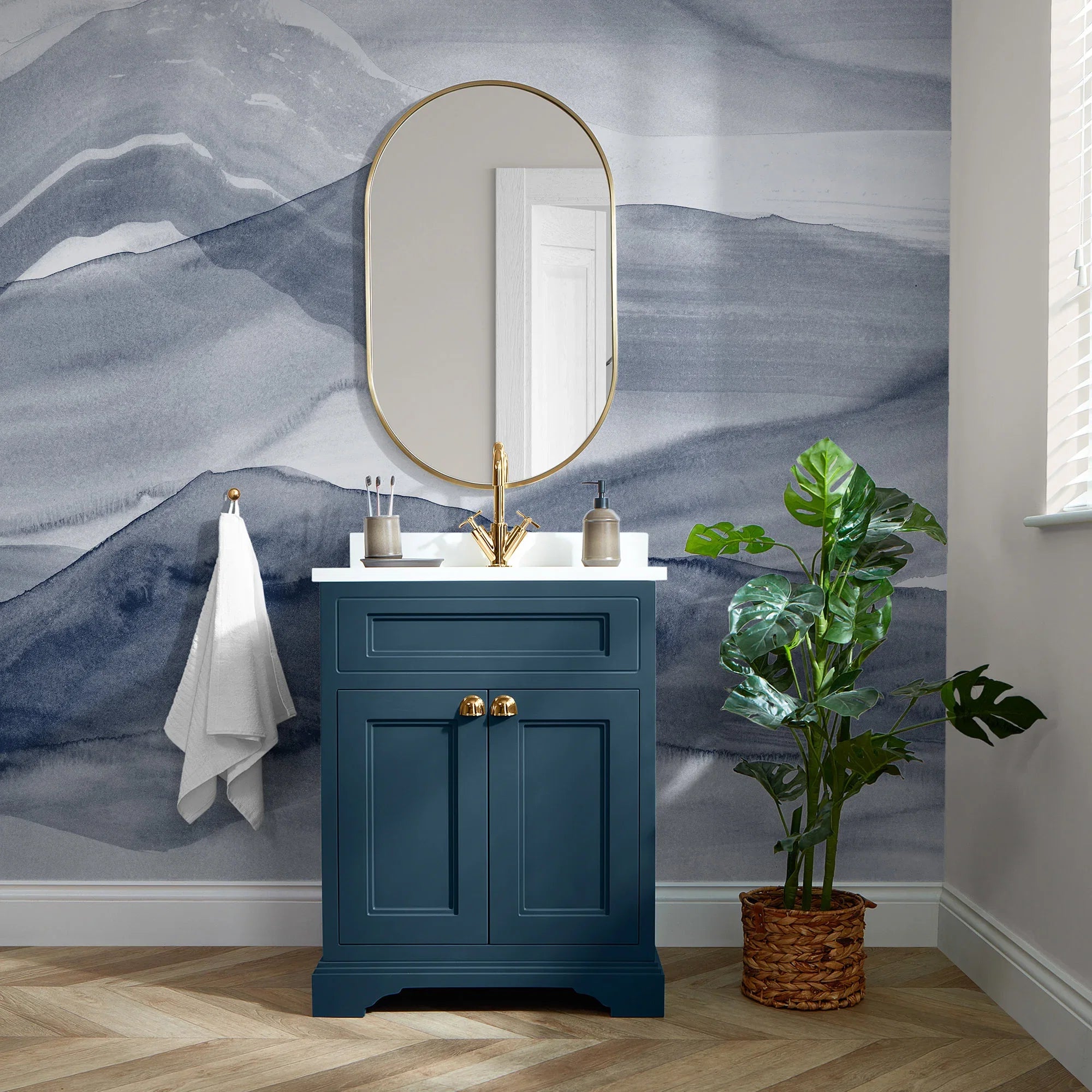 Watercolour Mountains Full Wall Mural in Deep Blue