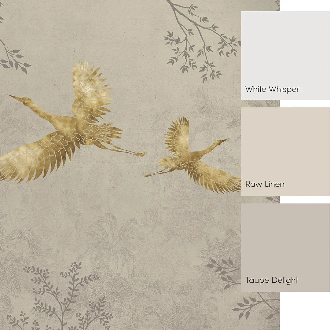 Oriental Cranes Full Wall Mural in Stone with Gold Effect