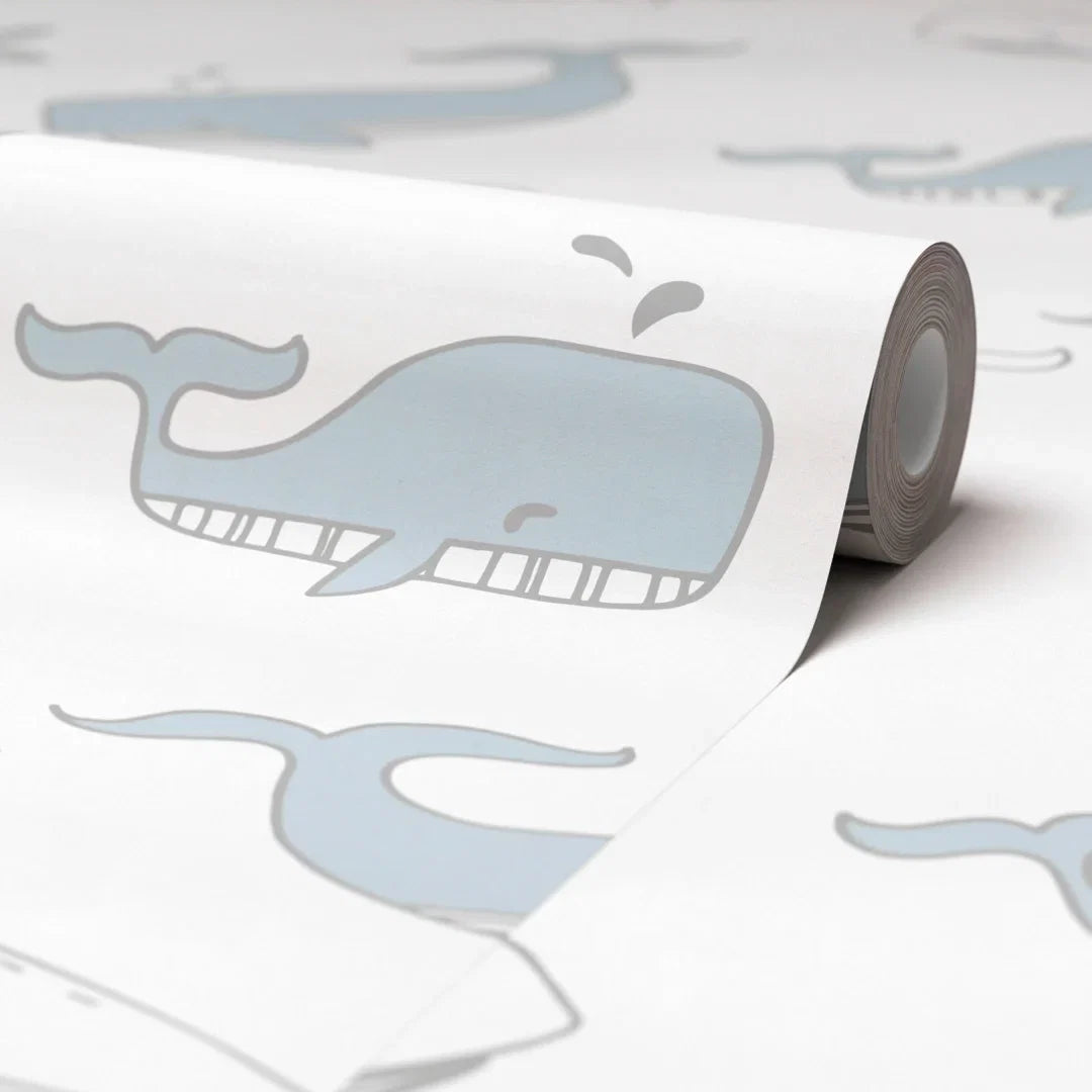 Whale Hello Wallpaper Blue and Grey