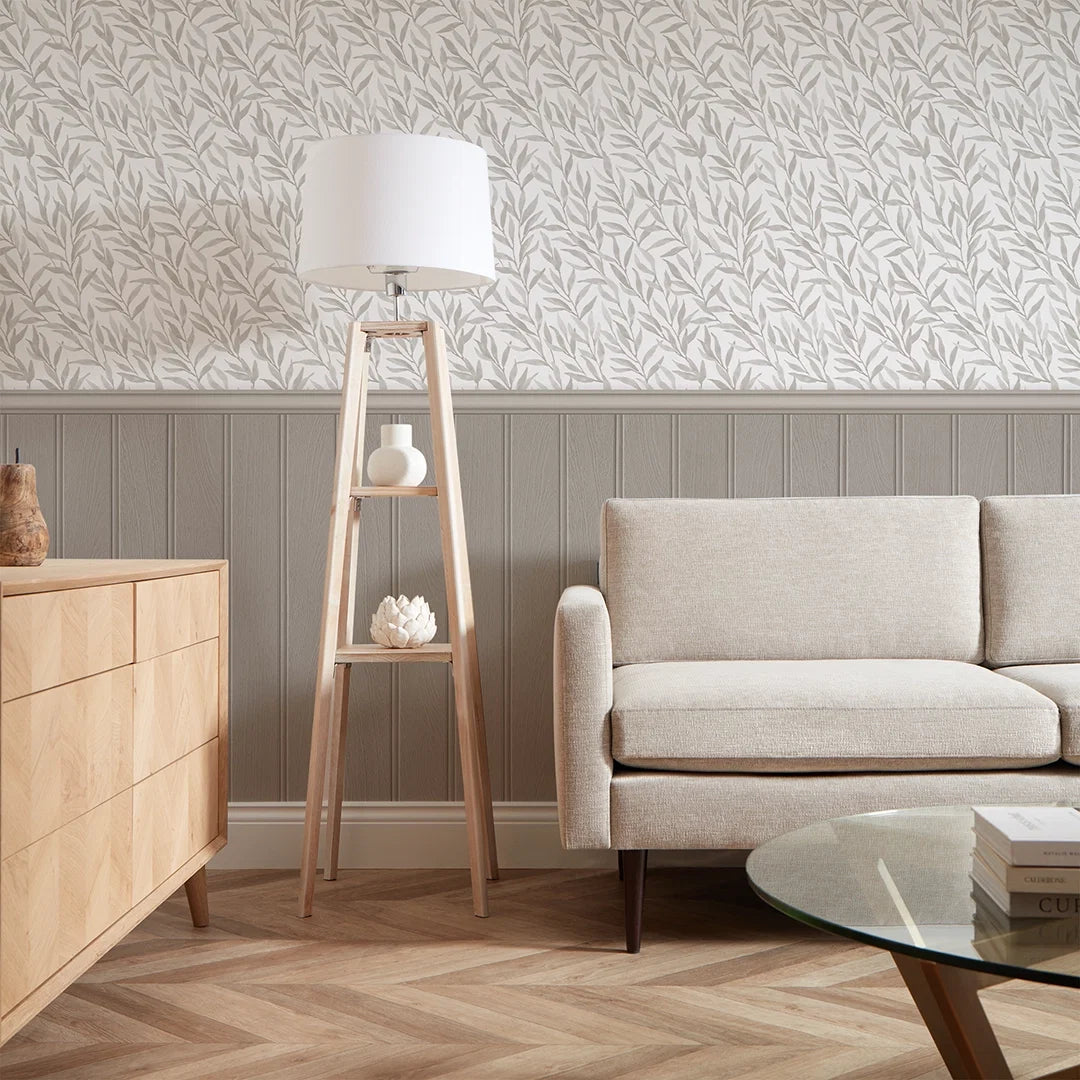 Willow Leaf Panel Wallpaper in Grey with Grey Panel