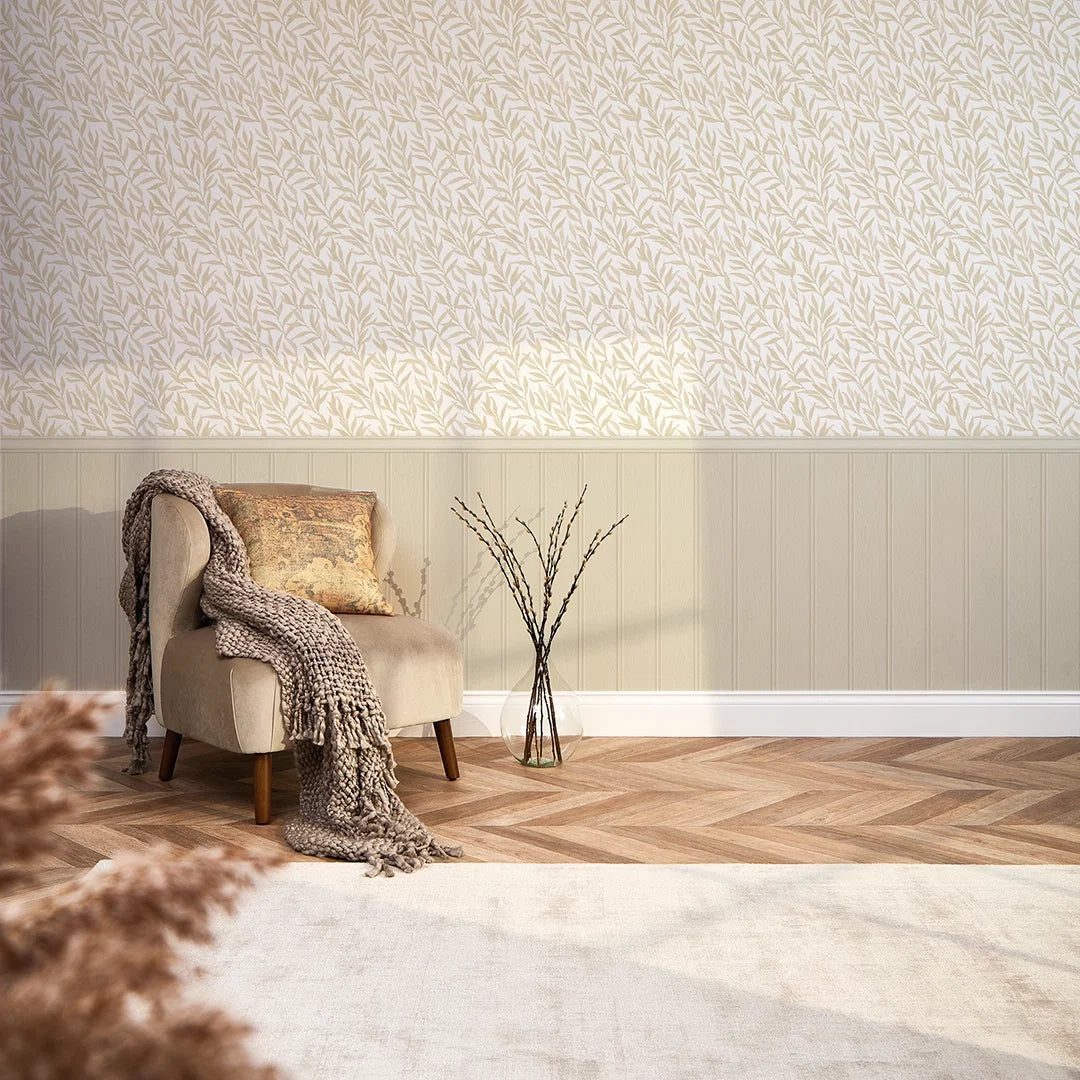 Willow Leaf Panel Wallpaper in Natural with Natural Panel