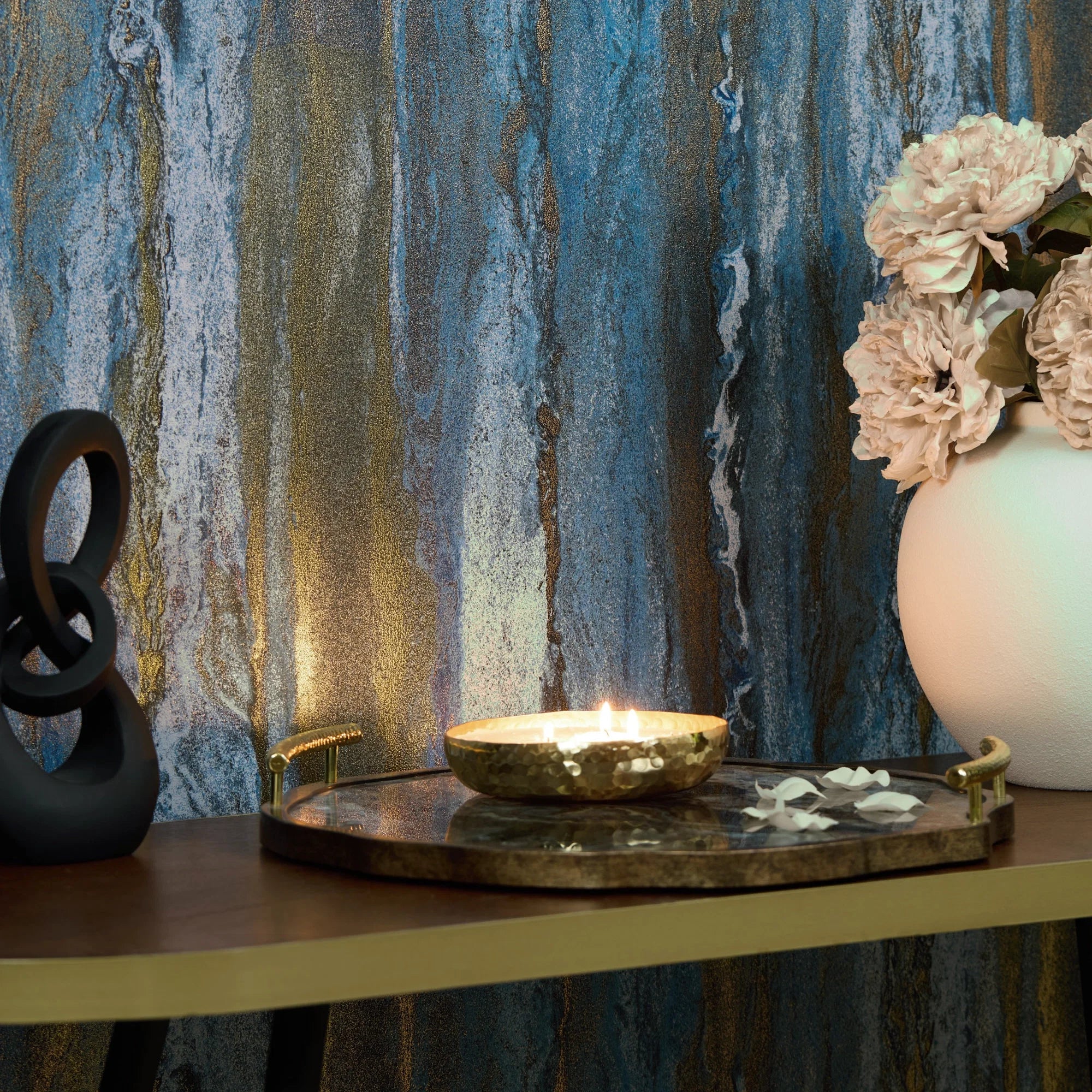 Zurich Metallic Wallpaper in Sapphire and Metallic Gold